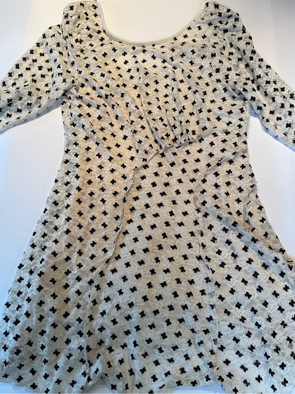 Free People Cream Lace Long-Sleeve Backless Mini Dress with Black Dot Motif